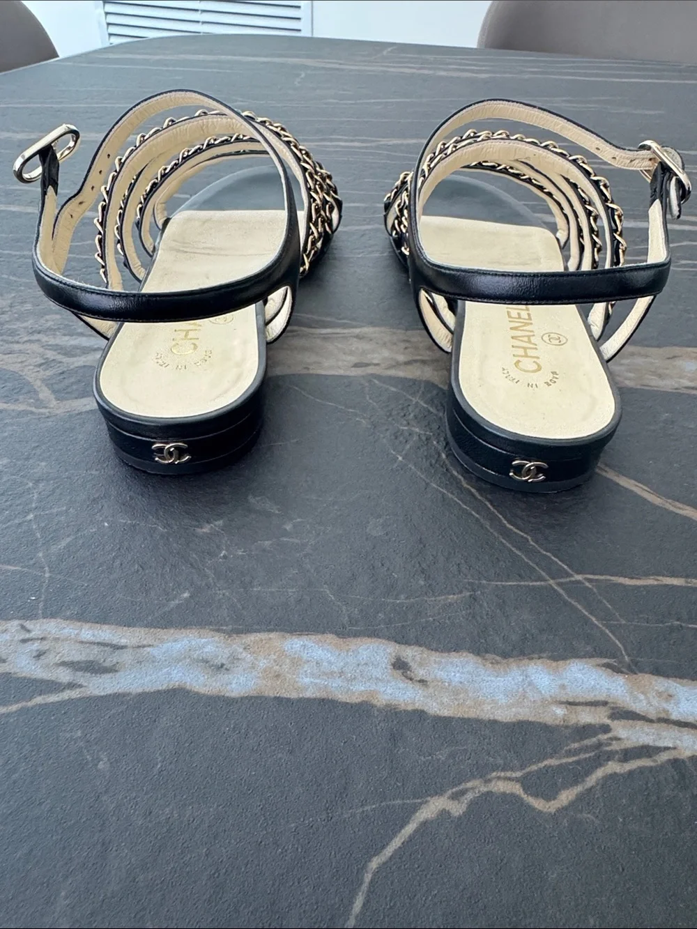CHANEL Black Chain-Strap Women’s Sandals - Elegant Summer Flat